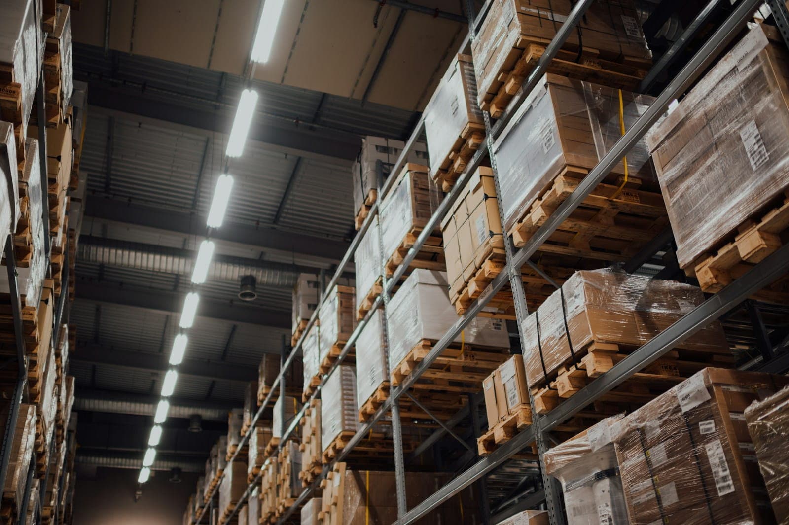 Pharmaceutical bulk warehouse - cardboard shipping cartons on stainless steel racking