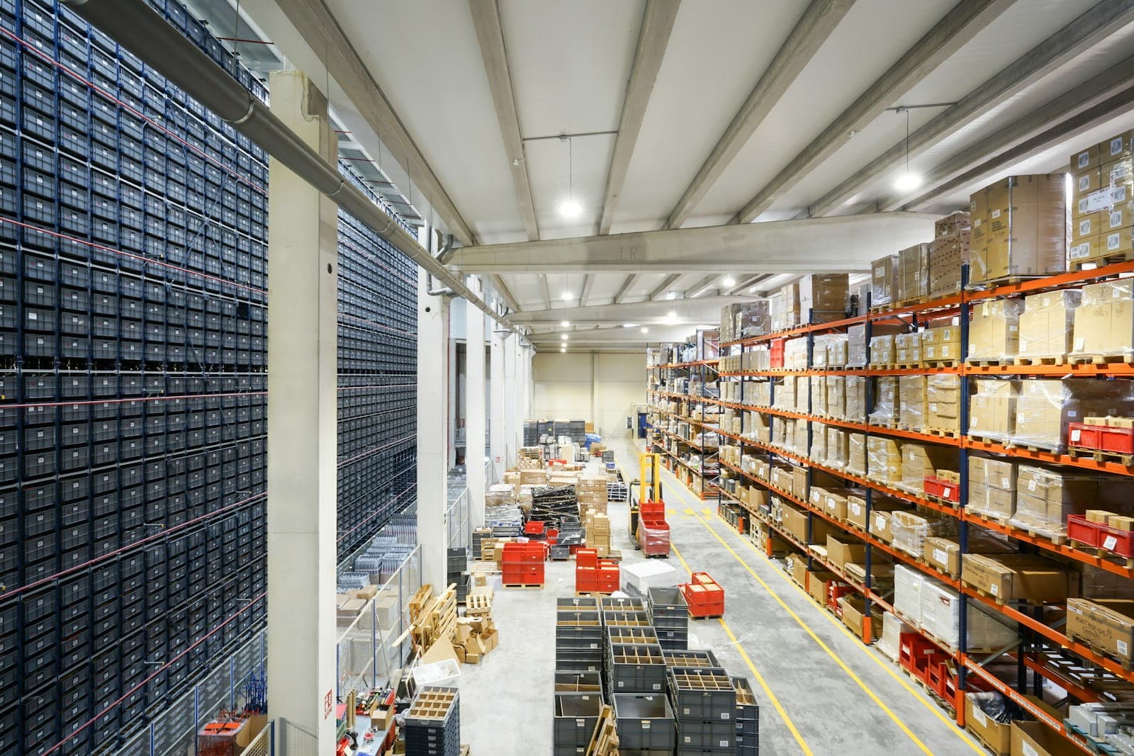 Bulk pharmaceutical warehouse - high-density shelving stocked with palletised finished goods