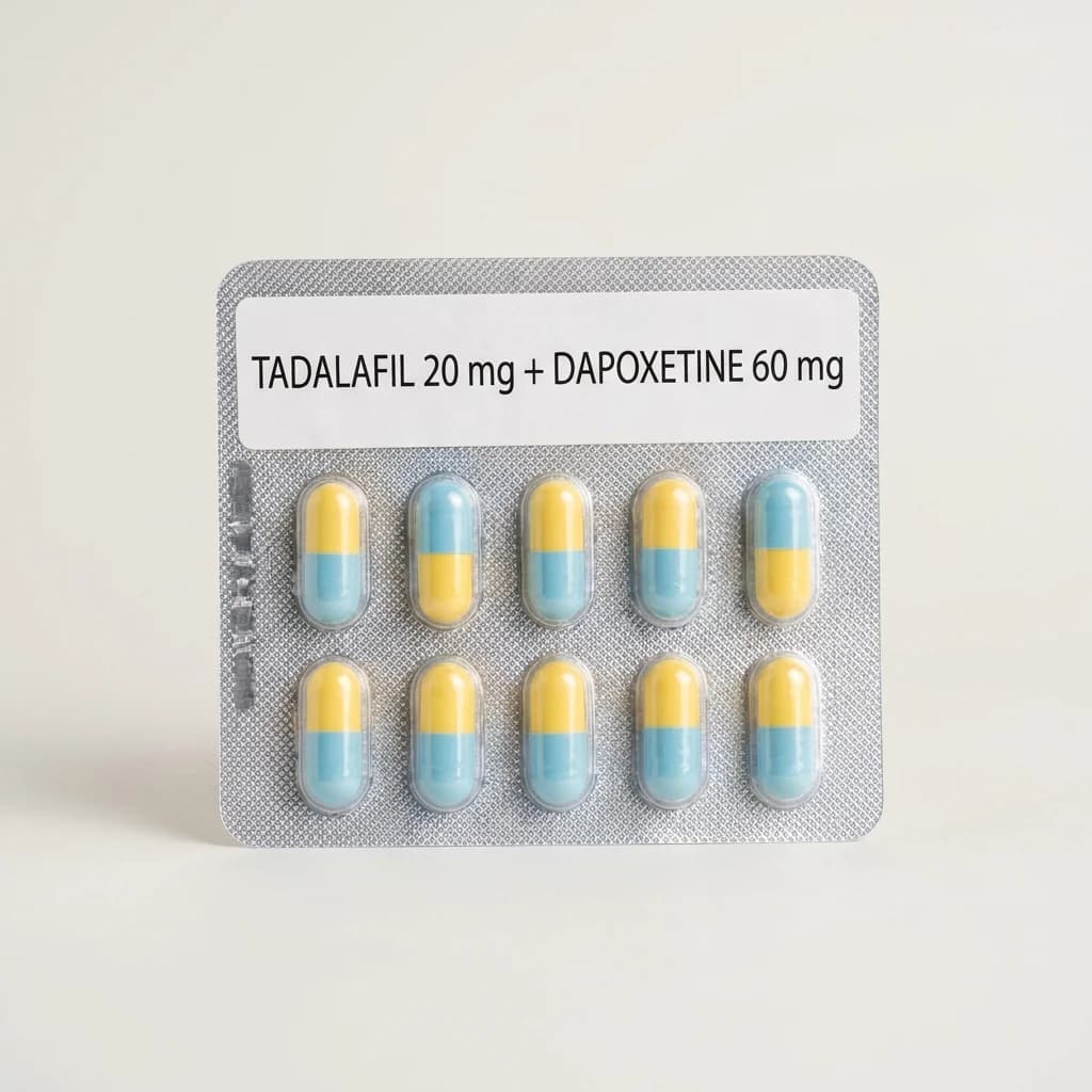 Generic tadalafil 20 mg + dapoxetine 60 mg fixed-dose combination capsules in a 10-capsule blister pack
