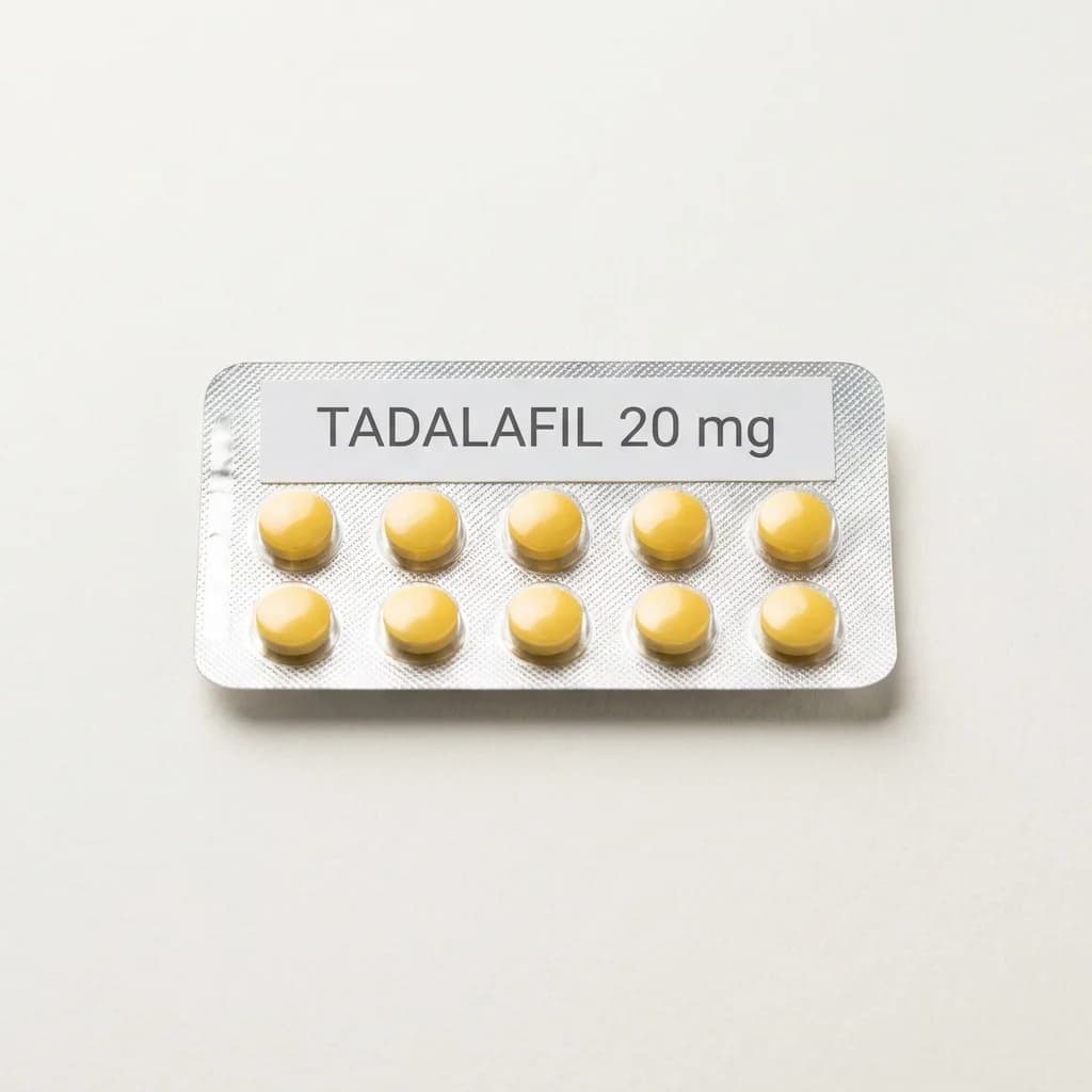 Generic tadalafil 20 mg film-coated tablets in a 10-tablet blister pack - B2B bulk supply